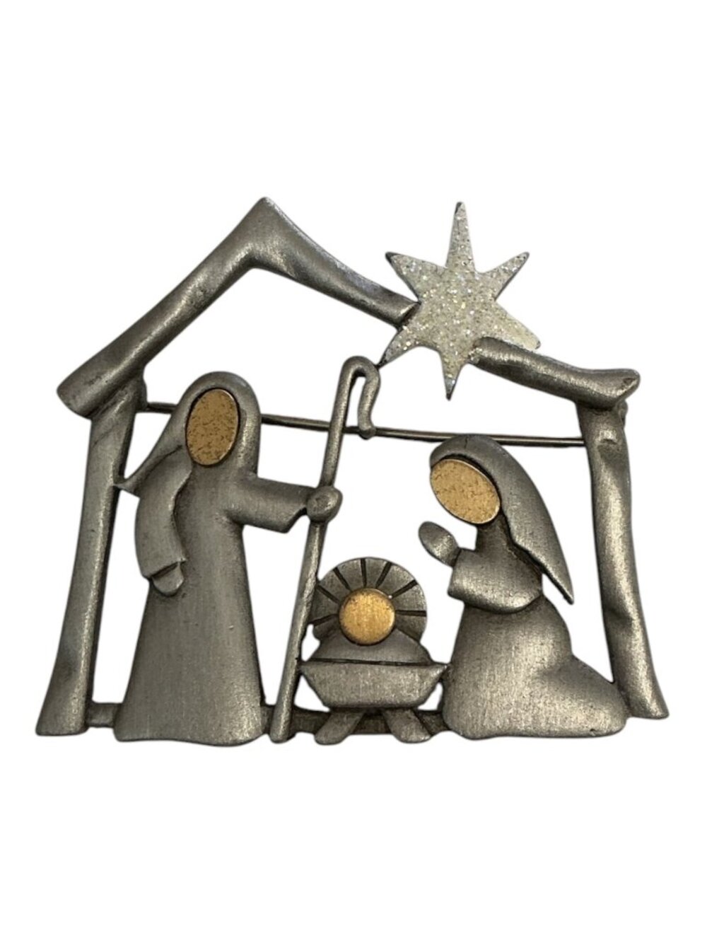 JJ Jonette Nativity Brooch Manger Scene Christmas Two-Tone Mixed Metal Vintage
